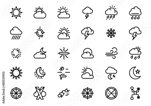 Set of thin line weather icons illustrating sun, clouds, rain, storms, and various meteorological symbols for climate forecasting