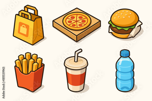 Cute fast food icons: pizza, fries, burger, drink, water bottle, shopping bag