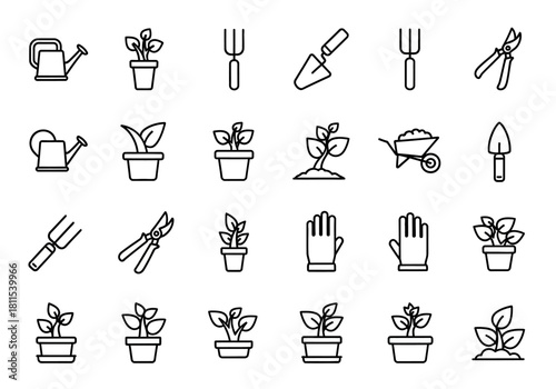 A comprehensive collection of gardening and agriculture line icons, featuring essential tools like watering cans, trowels, and plant growth stages, presented in a clean vector set
