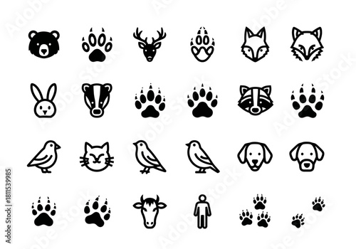 Minimalist line art icons of animal heads and paw prints, including bear, deer, fox, rabbit, and dog illustrations