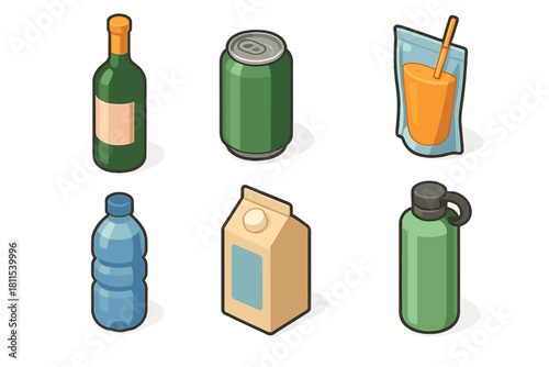 Variety of beverage containers: wine bottle, soda can, juice pouch, water bottle, milk carton, thermos