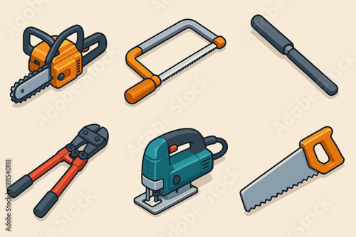 Collection of isometric tools: chainsaw, hacksaw, file, bolt cutter, jigsaw, handsaw
