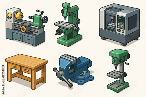 Collection of workshop tools: lathe, milling machine, cnc, workbench, vise, drill press
