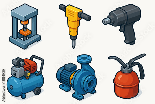 Isometric collection of industrial tools: press, drill, wrench, compressor, motor, oil can