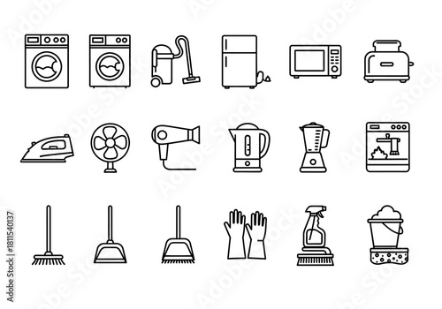 A comprehensive collection of household appliance and cleaning supply line icons. Vector symbols for home electronics, domestic chores, and housekeeping equipment