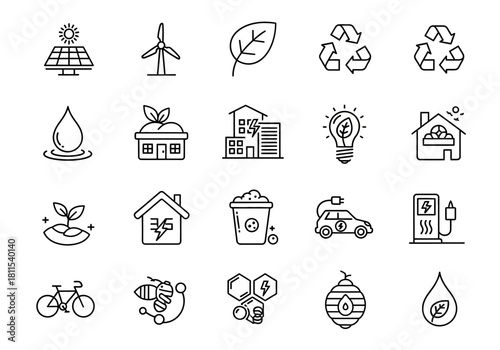 Thin line icon set for sustainability and green energy. Vector symbols of environmental conservation, eco-friendly living, and renewable resources