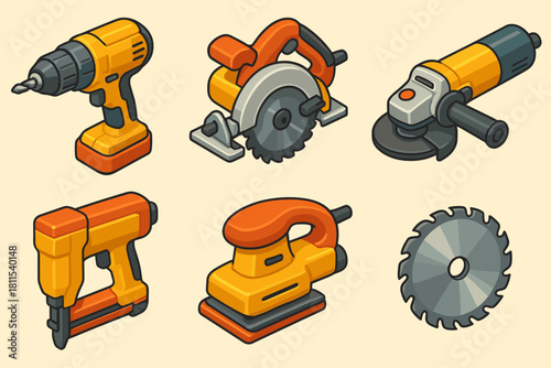 Collection of vibrant isometric power tools set on light background