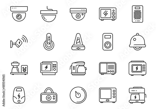 A collection of thin line icons representing smart home automation, kitchen appliances, and home security system elements