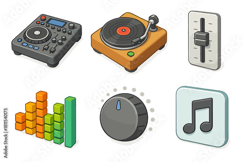 Audio equipment icons including turntable and equalizer knob