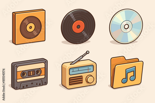 Retro music icons collection featuring vinyl, cassette, and radio