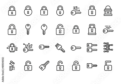 Padlock and key line icon set for security concepts. Vector collection of symbols representing protection, access, password, and cybersecurity