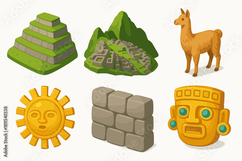 Ancient inca civilization icons: pyramid, machu picchu, llama, sunface, stone wall, mask