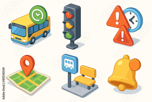 Isometric transportation icons set with bus, traffic light, location map, alert symbols, and bell
