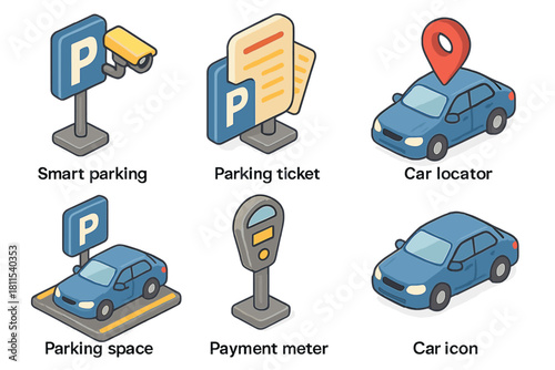 Smart parking icons: ticket, locator, space, meter, car graphics