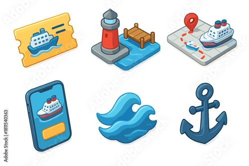 Nautical icons featuring cruise ship, lighthouse, anchor, map, ticket, and waves