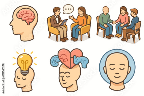 Mental health concepts illustrated with diverse group support and therapy sessions