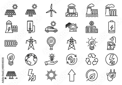 Collection of renewable energy and electricity line icons, featuring solar power, wind turbines, and eco-friendly technology symbols