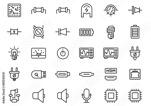 A diverse set of thin line icons depicting electronic components, computer hardware, and electrical symbols for technology and engineering