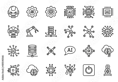 Artificial intelligence and robotics technology line icon set, including concepts like machine learning, cyborgs, and data processing vector symbols