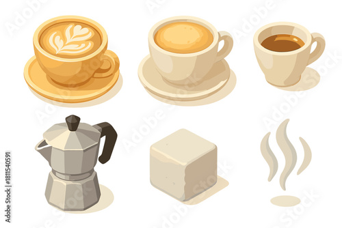 Coffee varieties and brewing elements with espresso, cappuccino, and coffee pot