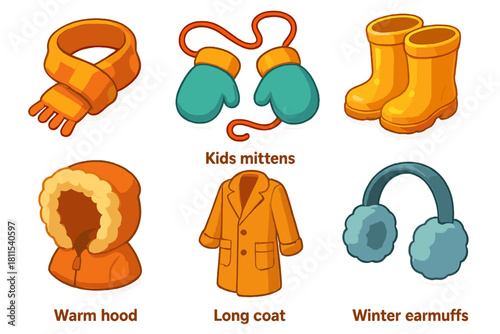 Colorful winter clothing set for kids with mittens, scarf, hood, coat, boots, and earmuffs