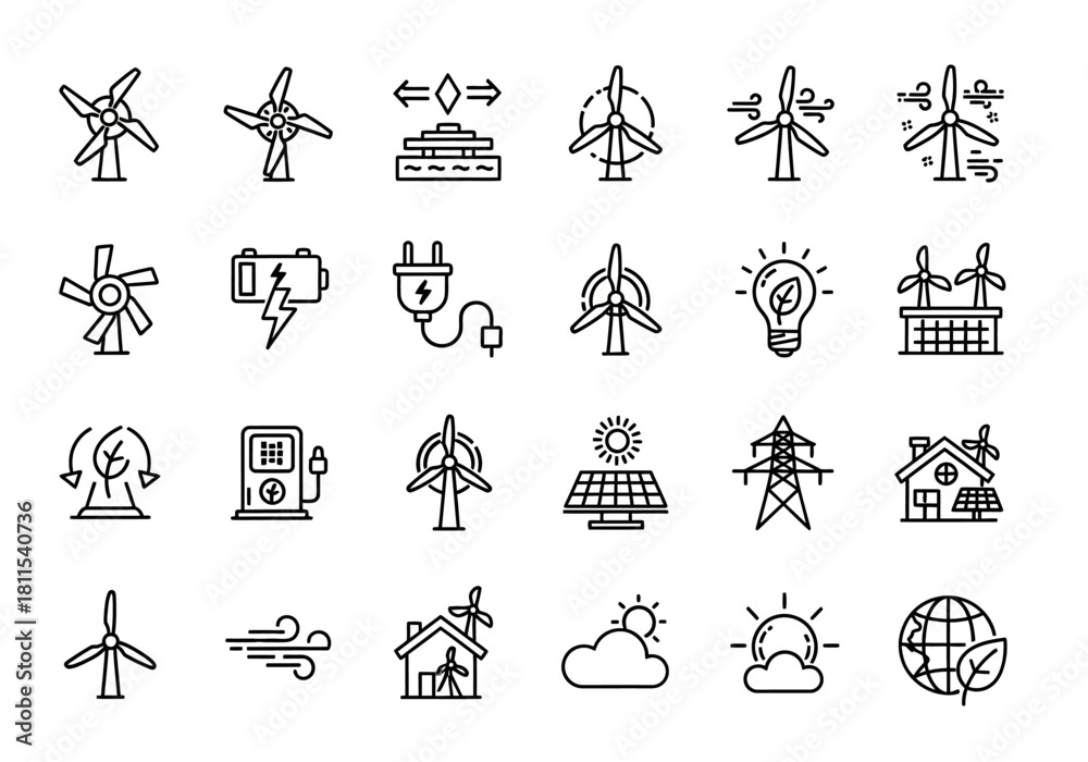 Fototapeta premium Renewable energy line icon set with wind turbines, solar panels, and green power symbols. A vector collection for sustainable technology