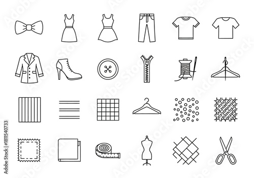 A comprehensive collection of thin line icons representing fashion, clothing, tailoring, and sewing accessories for design projects