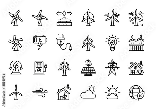 Renewable energy line icon set with wind turbines, solar panels, and green power symbols. A vector collection for sustainable technology