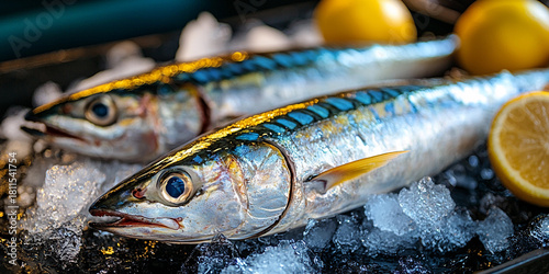 Fresh mackerel fish on ice with lemon slices Generative AI