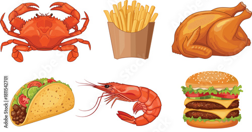Crab, Fries, Chicken, Taco, Shrimp, Burger Set