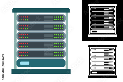 Flat design illustration of a modern server rack system, showcasing essential network infrastructure for data centers, cloud computing, and robust information technology solutions