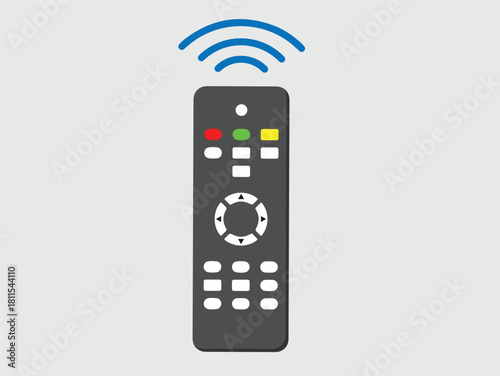 Isolated illustration of a dark gray remote control with blue signal waves emanating from the top, against a light gray background.