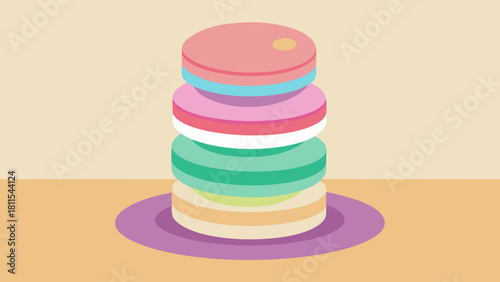 A stack of colorful pastries on a plate. The plate is purple and the pastries are in different colors