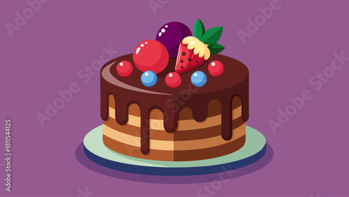 A chocolate cake with strawberries and blueberries on top. The cake is decorated with a chocolate drizzle and has a purple background