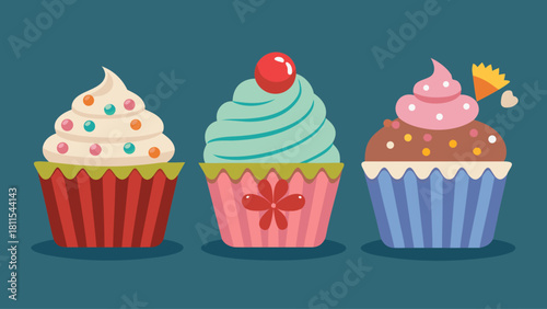 Three cupcakes with different frosting and decorations. The cupcakes are on a blue background. The cupcakes are decorated with frosting and sprinkles