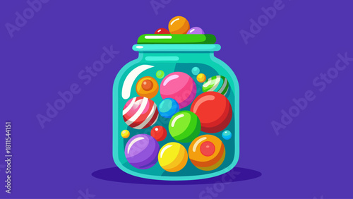 A jar full of colorful balls. The jar is blue and the balls are of different colors