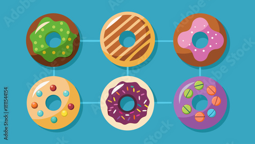 A blue background with a variety of donuts in different colors and flavors. The donuts are arranged in a grid pattern, with some overlapping each other. Concept of abundance and variety