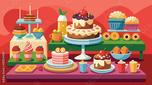 A table full of desserts and drinks, including cakes, cupcakes, and pastries. The table is set for a party or gathering