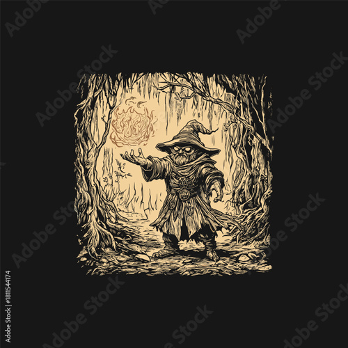 vintage engraving style illustration of a grotesque little wizard or gnome in a pointed hat and robes, casting a powerful fire spell in a dense, root-filled, spooky forest