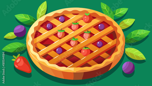 A pie with strawberries and blueberries on top. The pie is surrounded by leaves and berries. The pie is on a green background