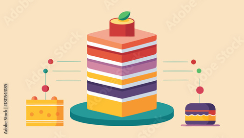 A cake with a green apple on top is shown with two other cakes. The cakes are stacked on top of each other, and the apple is placed on top of the middle cake. Concept of abundance and indulgence
