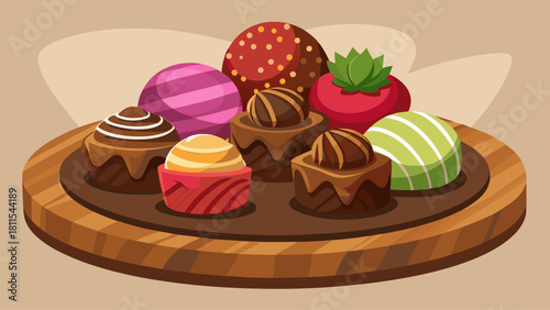 A wooden tray with a variety of colorful candies, including chocolate and strawberry. The candies are arranged in a visually appealing manner, making it look like a dessert platter