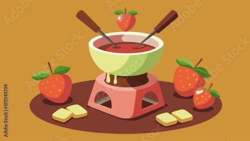 A bowl of chocolate sauce with strawberries and apples on a table. The sauce is thick and rich, and the strawberries and apples add a pop of color