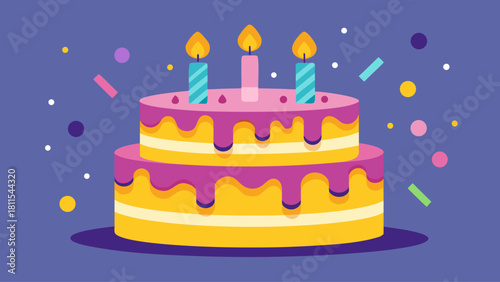 A cake with three candles on it is shown on a blue background. The cake is decorated with frosting and has a pink and yellow color scheme. The candles are lit