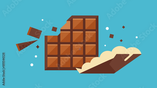 A chocolate bar is shown with a bite taken out of it. The chocolate bar is surrounded by a white box