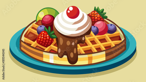 A delicious waffle topped with whipped cream and strawberries. The strawberries are scattered throughout the waffle, with some on the edges and others in the middle. The whipped cream is piled on top