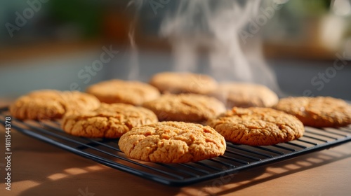 Freshly baked cookies cooling on a wire rack, exuding warmth and delicious aromas.