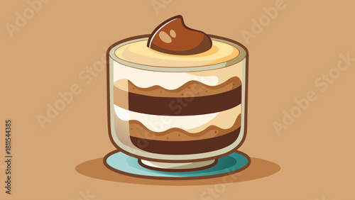 A dessert in a glass with a chocolate topping. The dessert is a layered cake with a chocolate sauce on top