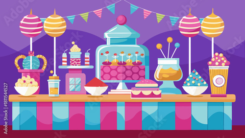 A colorful table with a variety of desserts and snacks, including cakes, ice cream, and popcorn