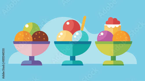 Three bowls of ice cream with spoons in them. The bowls are of different colors and sizes